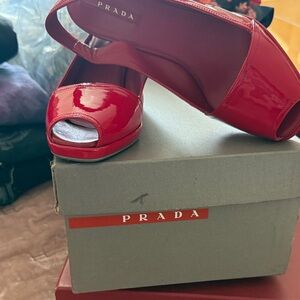 Prada Red Patent Leather Peep-Toe Slingback Heels